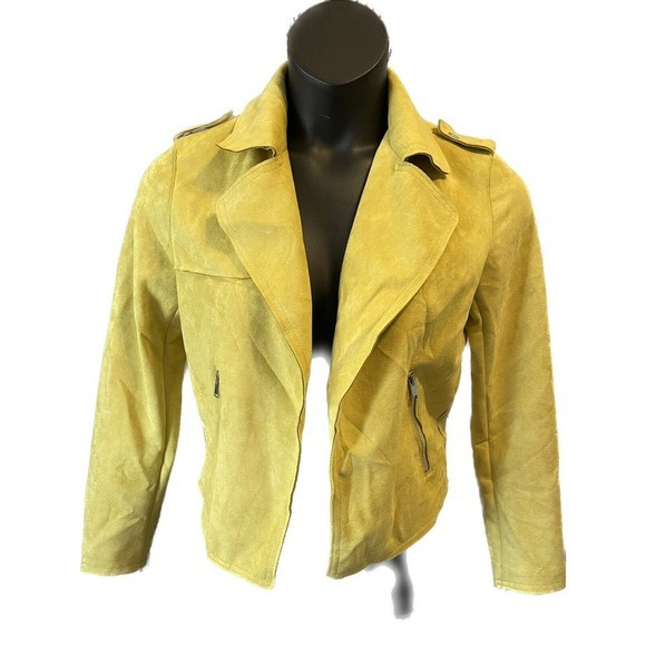 Philosophy Faux Leather‎ Jacket Women's Small Yellow Open Front Zipper Pockets - Picture 1 of 7